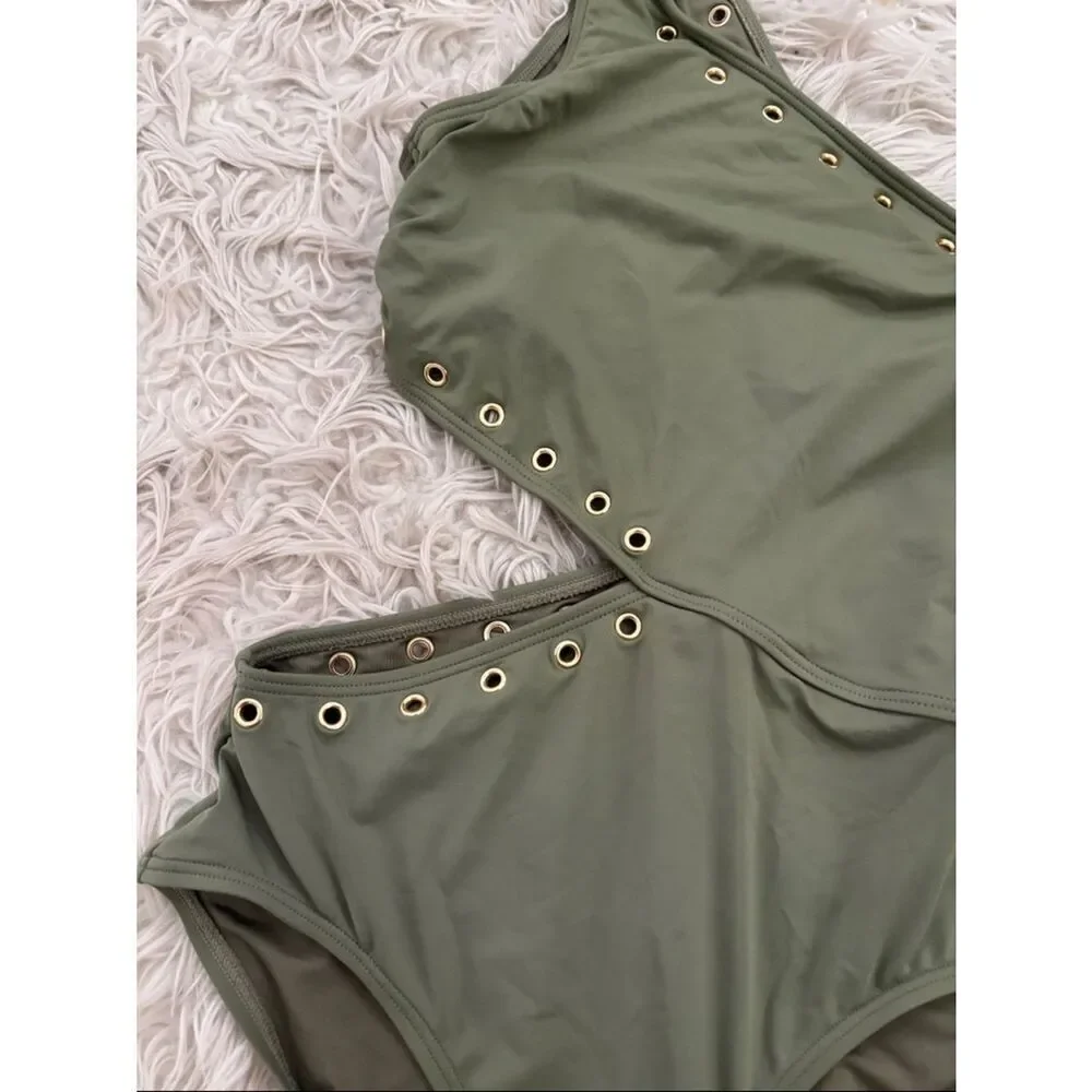 Michael Kors sz 10, Olive Green One-Shoulder Cutout Swimsuit with Gold Eyelets